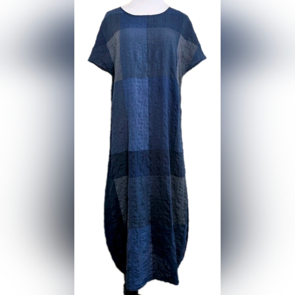 100% Cotton Lagenlook Bubble Hem Dress Sz L Colorblock Short Sleeve Maxi